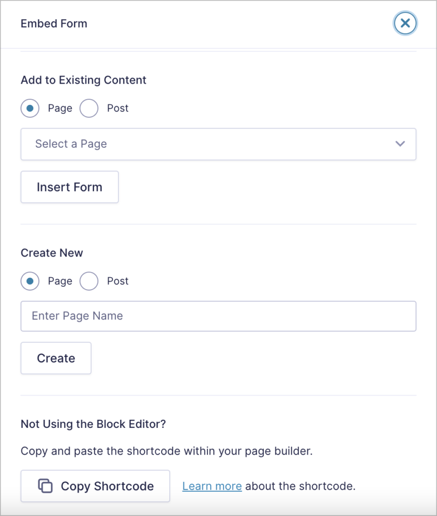 The Gravity Forms embed options introduced in Gravity Forms 2.6