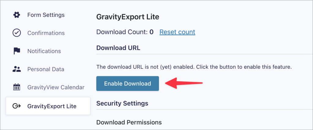 The 'Enable Download' button on the GravityExport Lite screen