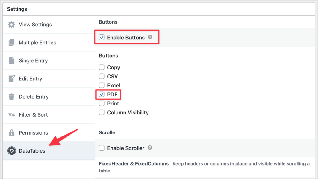 The GravityView DataTables settings showing the "Enable Buttons" checkbox