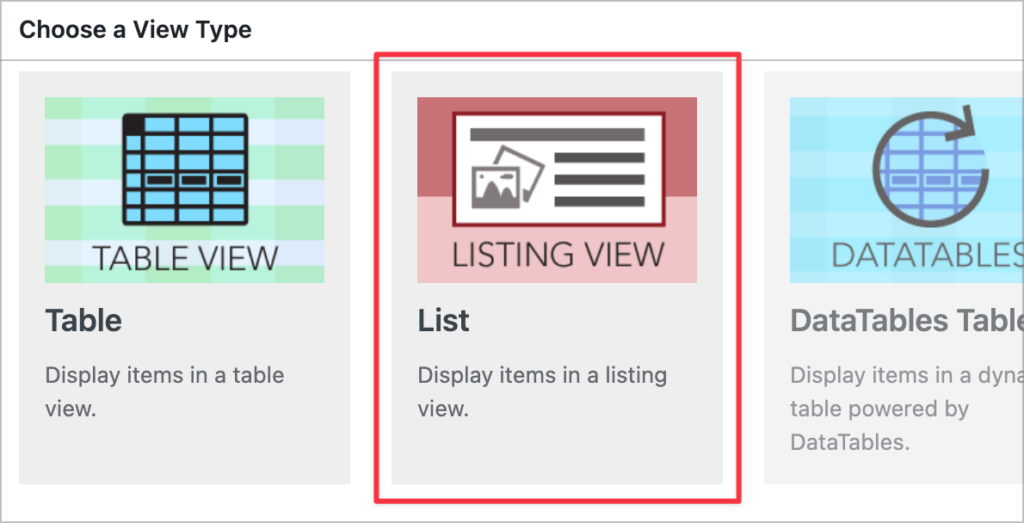 GravityView layout types with the List layout highlighted