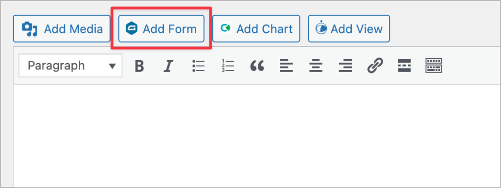 The Gravity Forms 'Add Form' button above the classic editor in WordPress