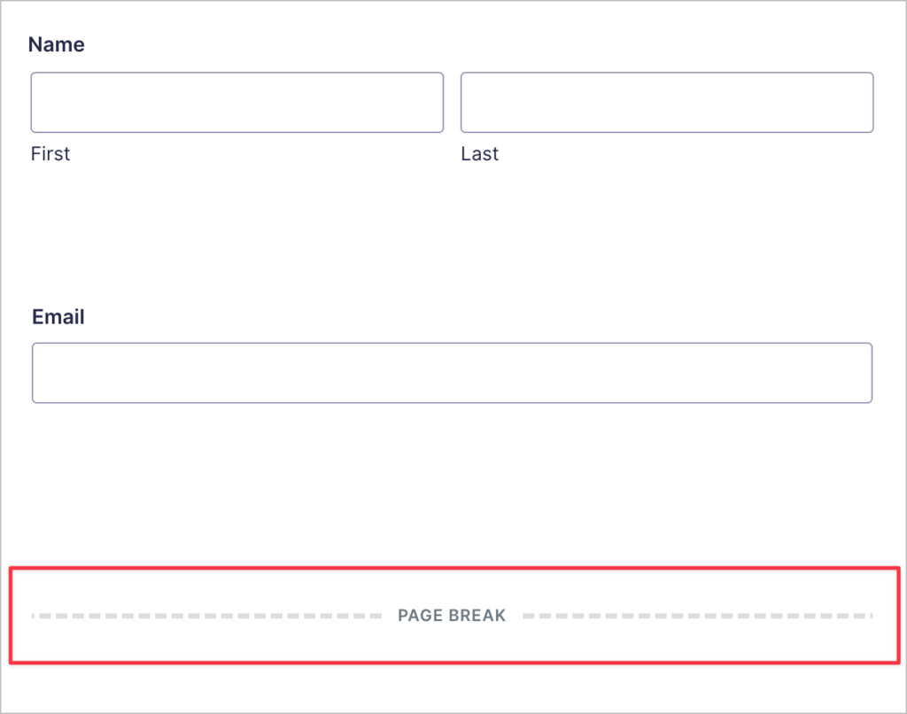 The Gravity Forms form editor with a 'Page Break' highlighted