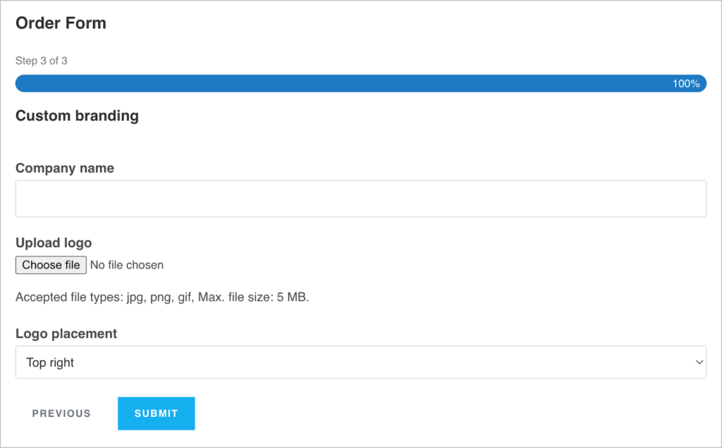 The final step of a multi-page Gravity Form prompting the user to upload their logo