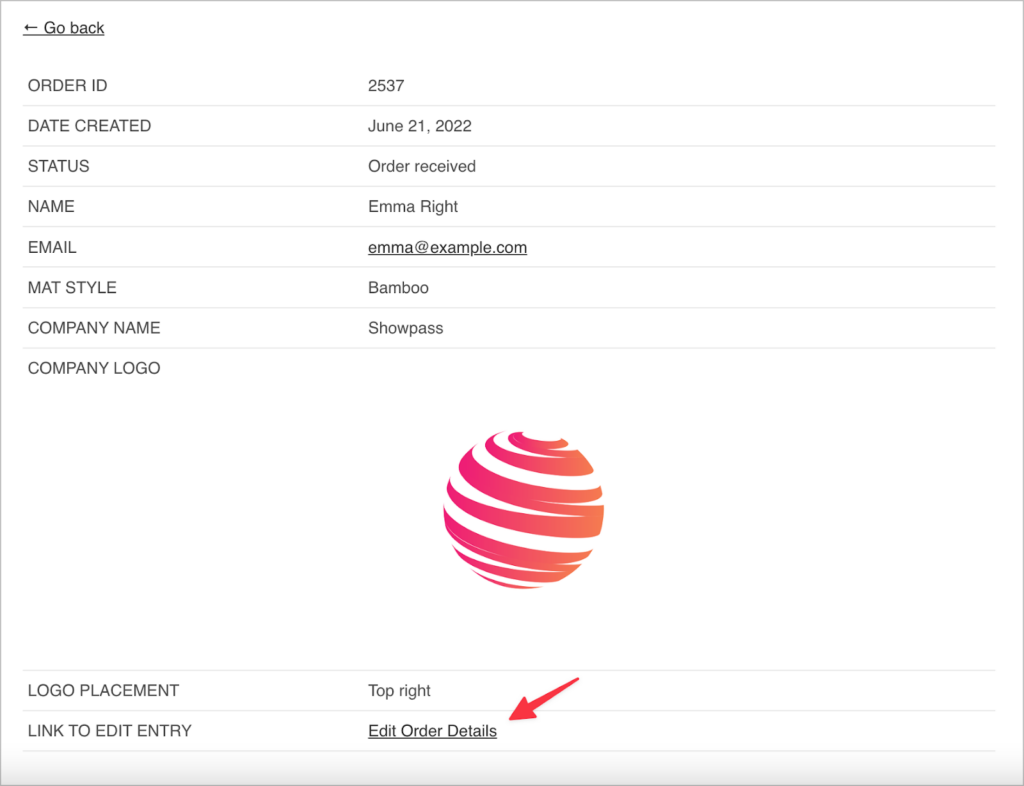 A page showing the user details related to their yoga mat order