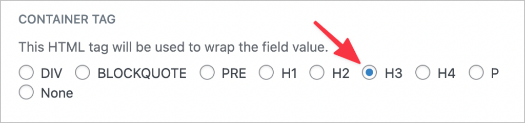 An arrow pointing to the 'H3' option for the container tag setting