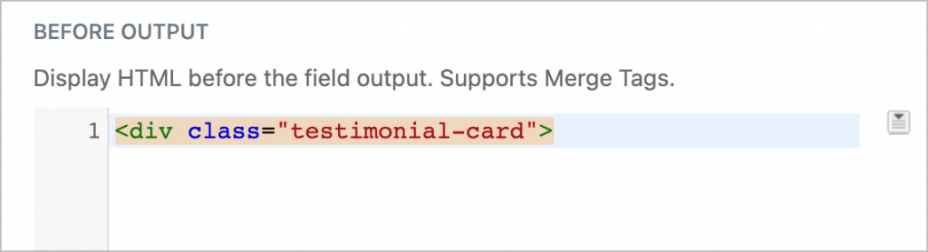 An HTML div element added to the 'Before Output' box 