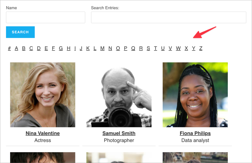A list of links from A to Z above a member directory build with GravityView