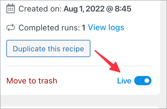 A toggle bar that allows you to change your recipe from Draft to Live