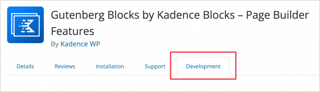 The 'Development' tab on a WordPress plugin directory page