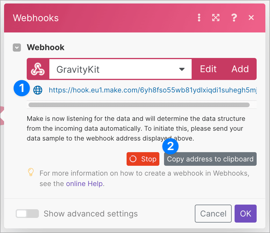 The webhooks URL in Make with a button that says 'Copy address to clipboard'