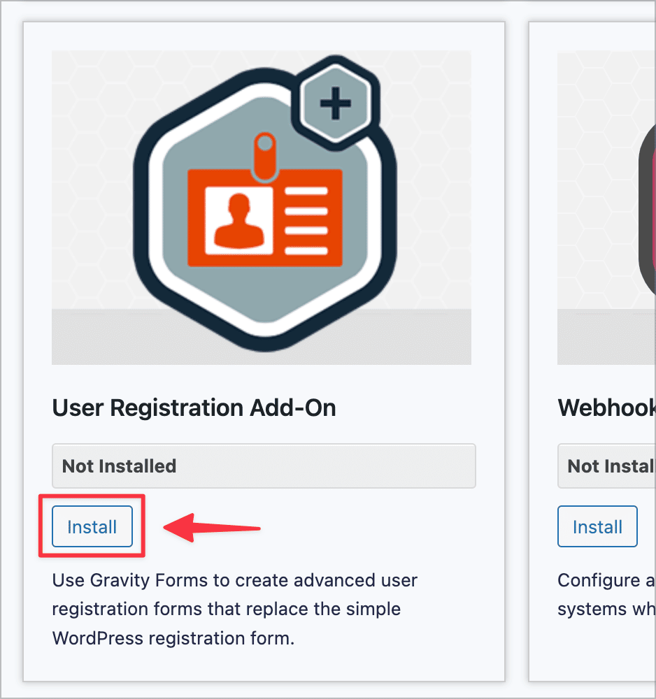The 'Install' button for the Gravity Forms User Registration Add-On
