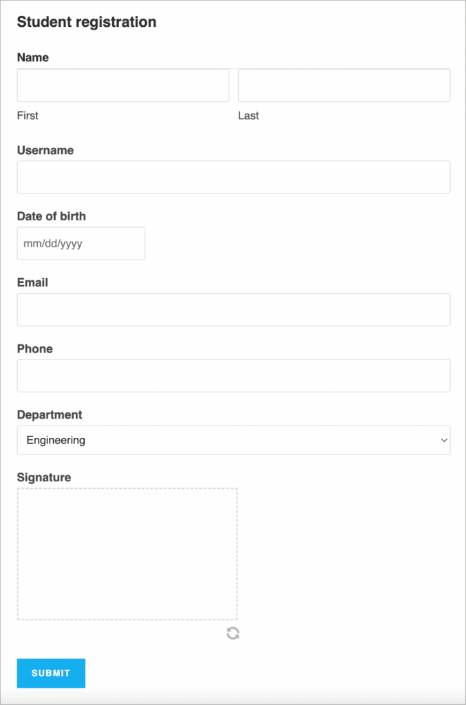 A student registration form built using Gravity Forms