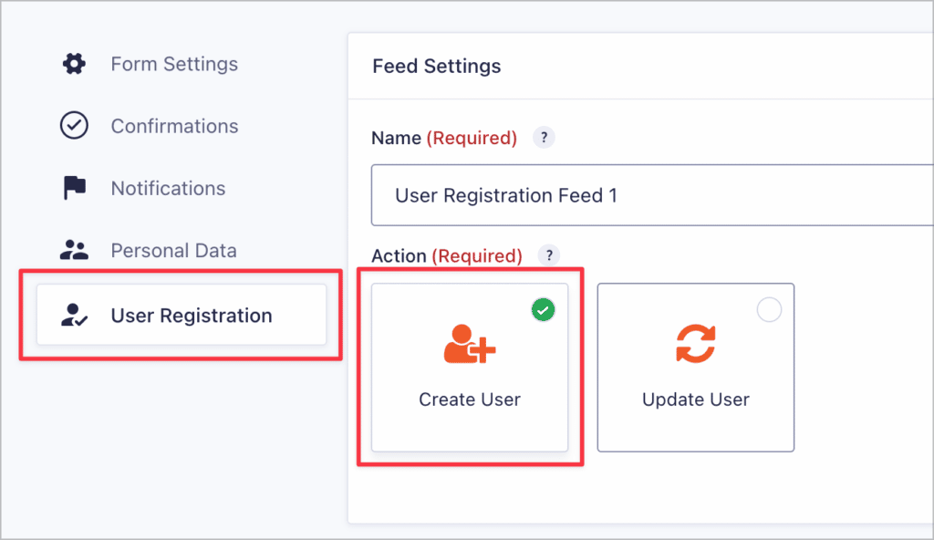 The 'Create User' selection box on the User Registration feed page