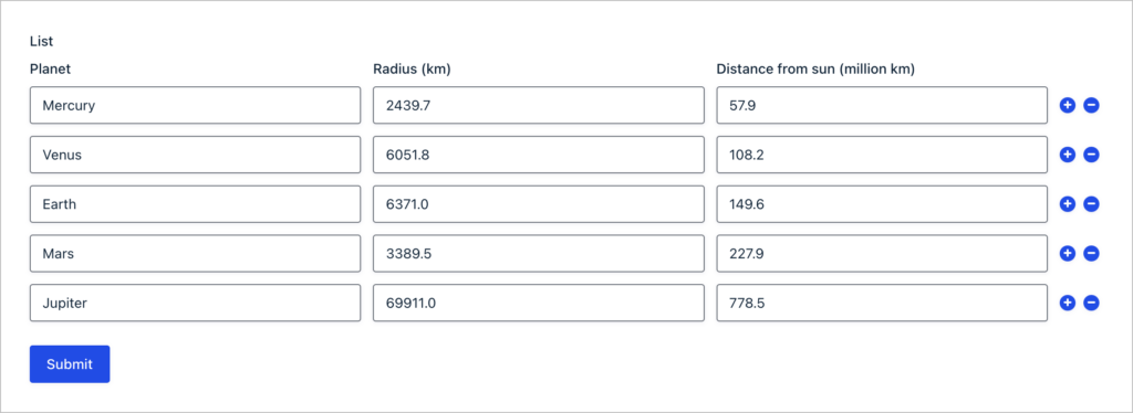 A Gravity Forms List field with multiple rows and column, filled with numerical data.