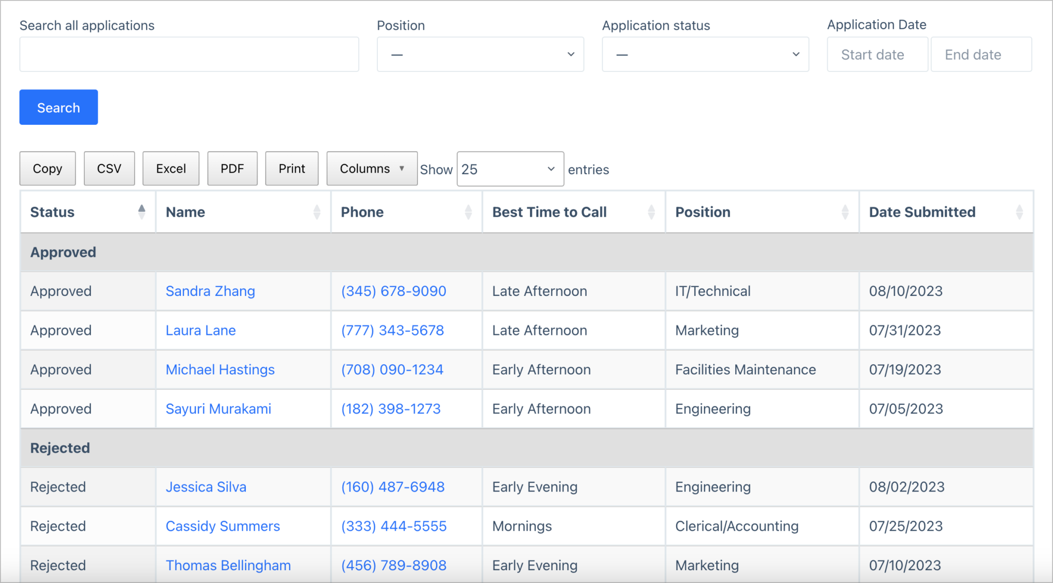 An employment application management system build with GravityView. There is a table of job applications grouped by status and a search bar above.