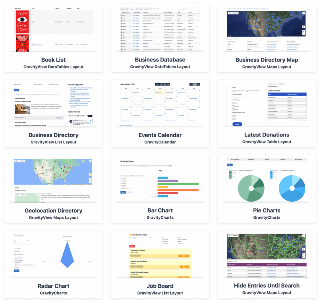 A grid showing different applications you can build using GravityKit; from a business directory to a job board