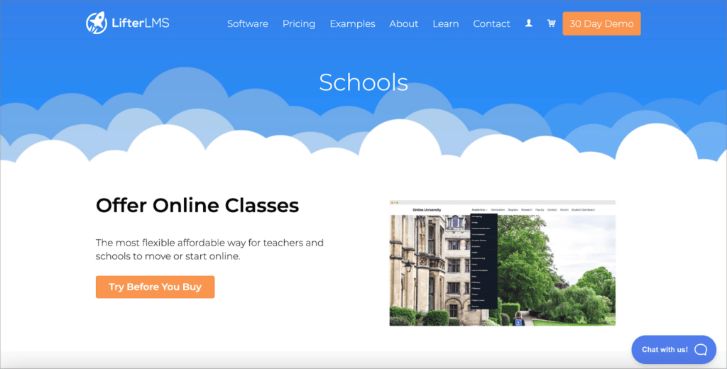 The LifterLMS homepage, the best WordPress eLearning plugin for schools