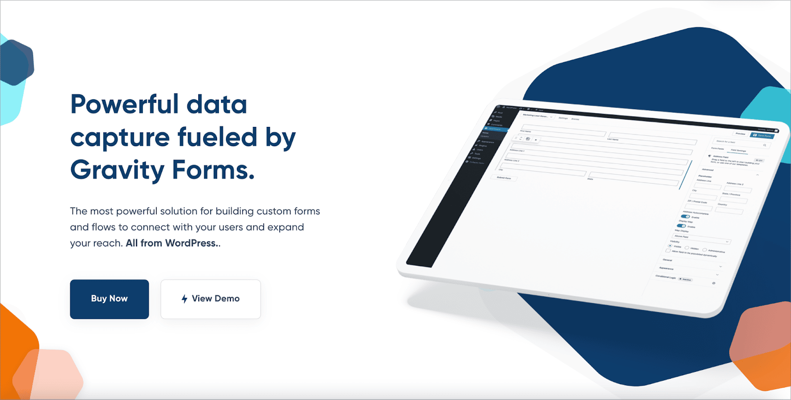 The Gravity Forms homepage showing the drag-and-drop form builder interface with the tagline "Powerful data capture fueled by Gravity Forms"