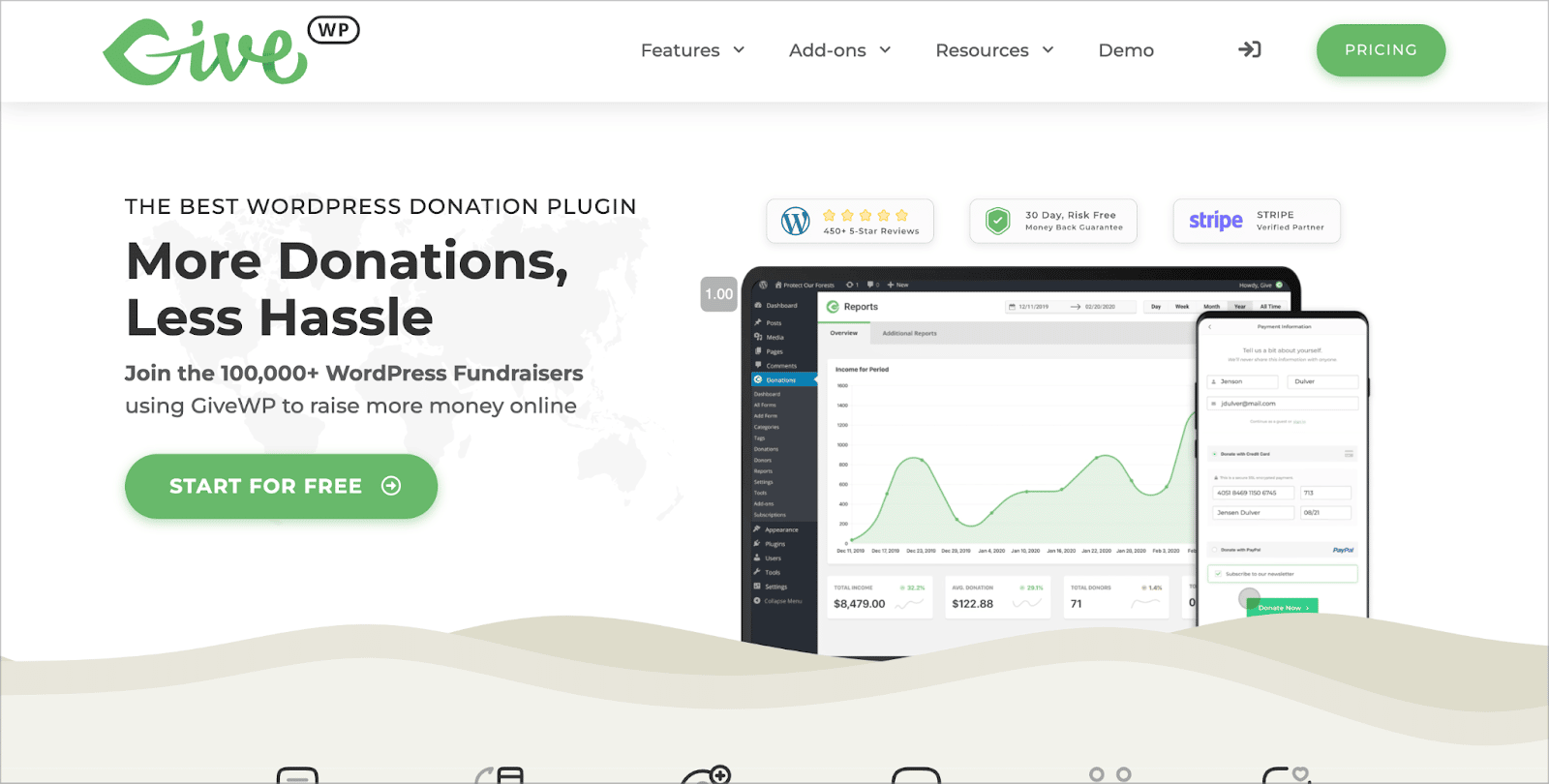 The GiveWP homepage featuring a donation reports dashboard and a mobile payment form, with the tagline "More Donations, Less Hassle"
