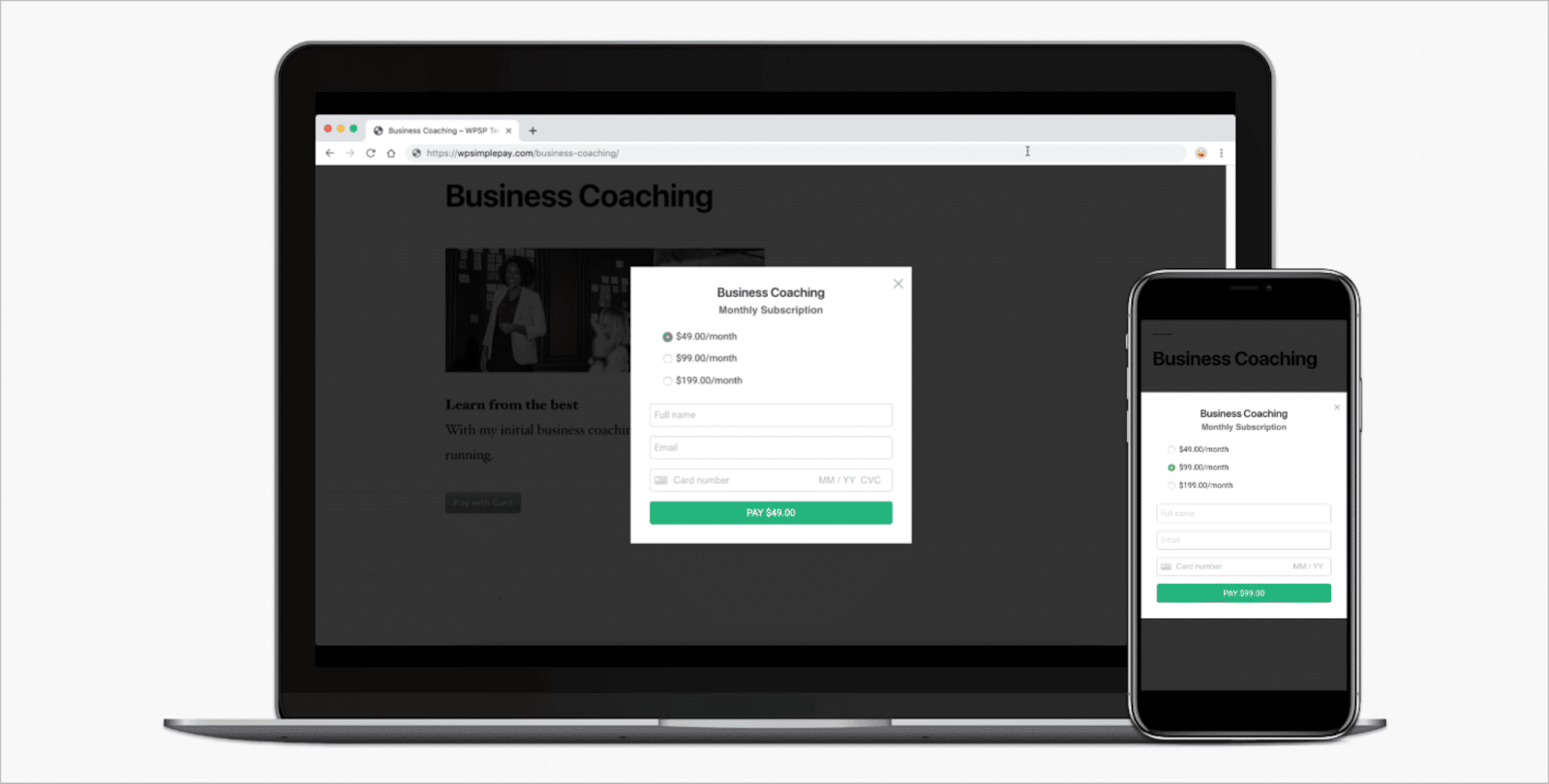 A Stripe payment form displayed on a laptop and mobile device, showing subscription pricing options and credit card fields