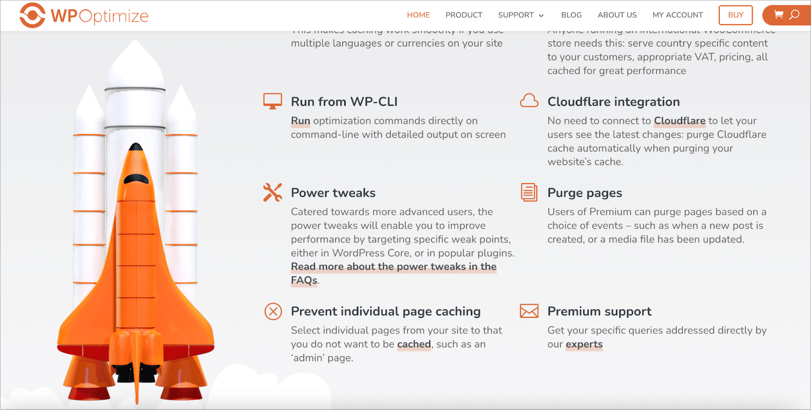 The WP-Optimize features page highlighting caching, Cloudflare integration, power tweaks, and page purging options