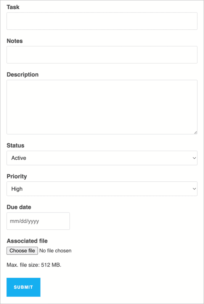 A form built using Gravity Forms with fields for adding new tasks to the 'to-do' list