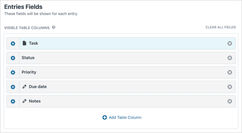 The 'entries fields' section of the GravityView View editor