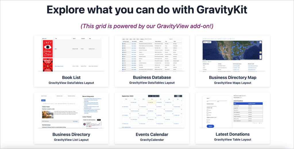 A screenshot of the GravityKit demo website showing a grid of different live demo applications