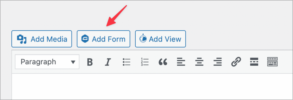 The Gravity Forms 'Add Form' button above the WordPress Classic text editor