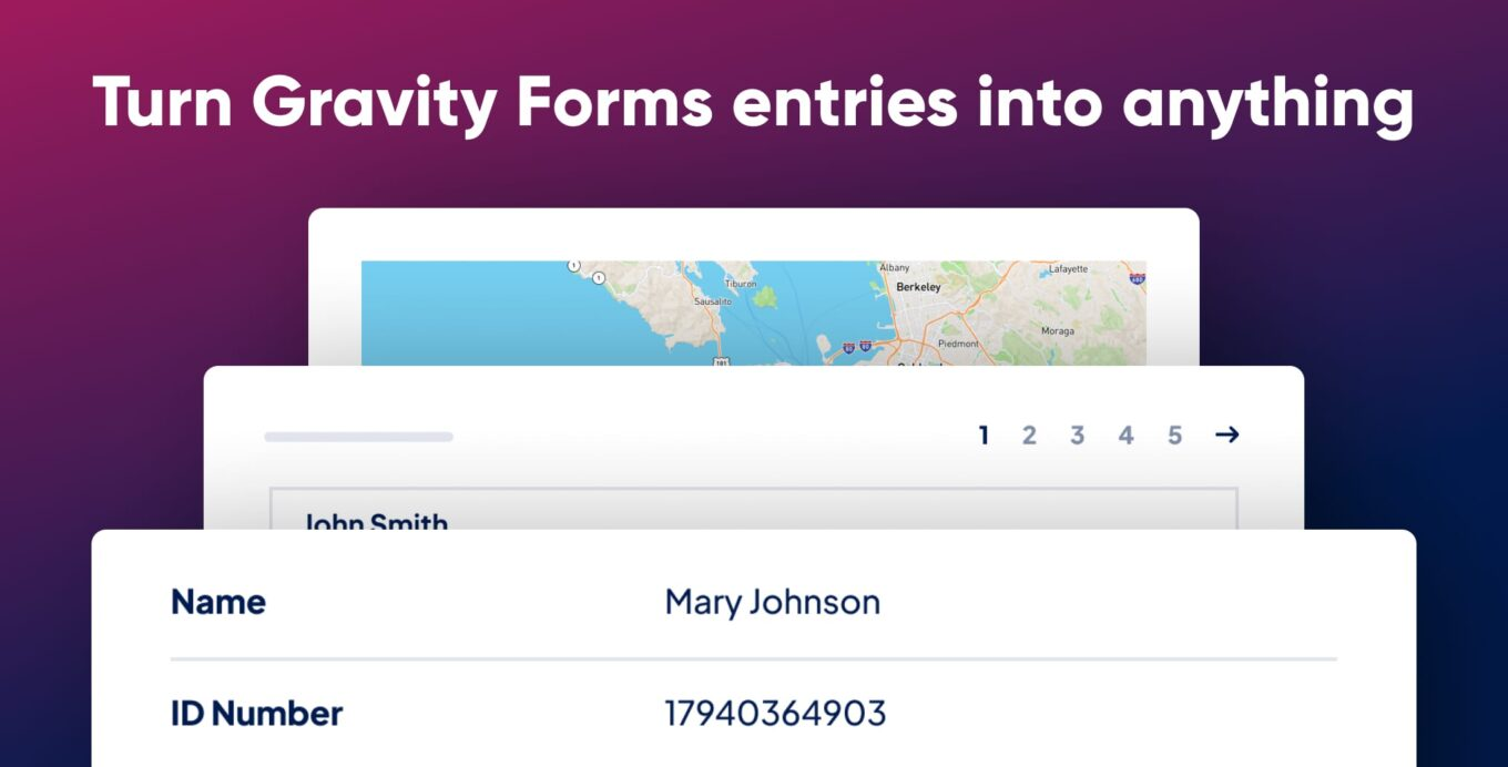 GravityView promotional banner with the text "Turn Gravity Forms entries into anything," showing a map view, table layout, and single entry detail