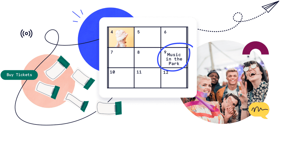 Illustration of an event calendar with
tickets, a "Buy Tickets" button, and a photo of people enjoying an outdoor
event