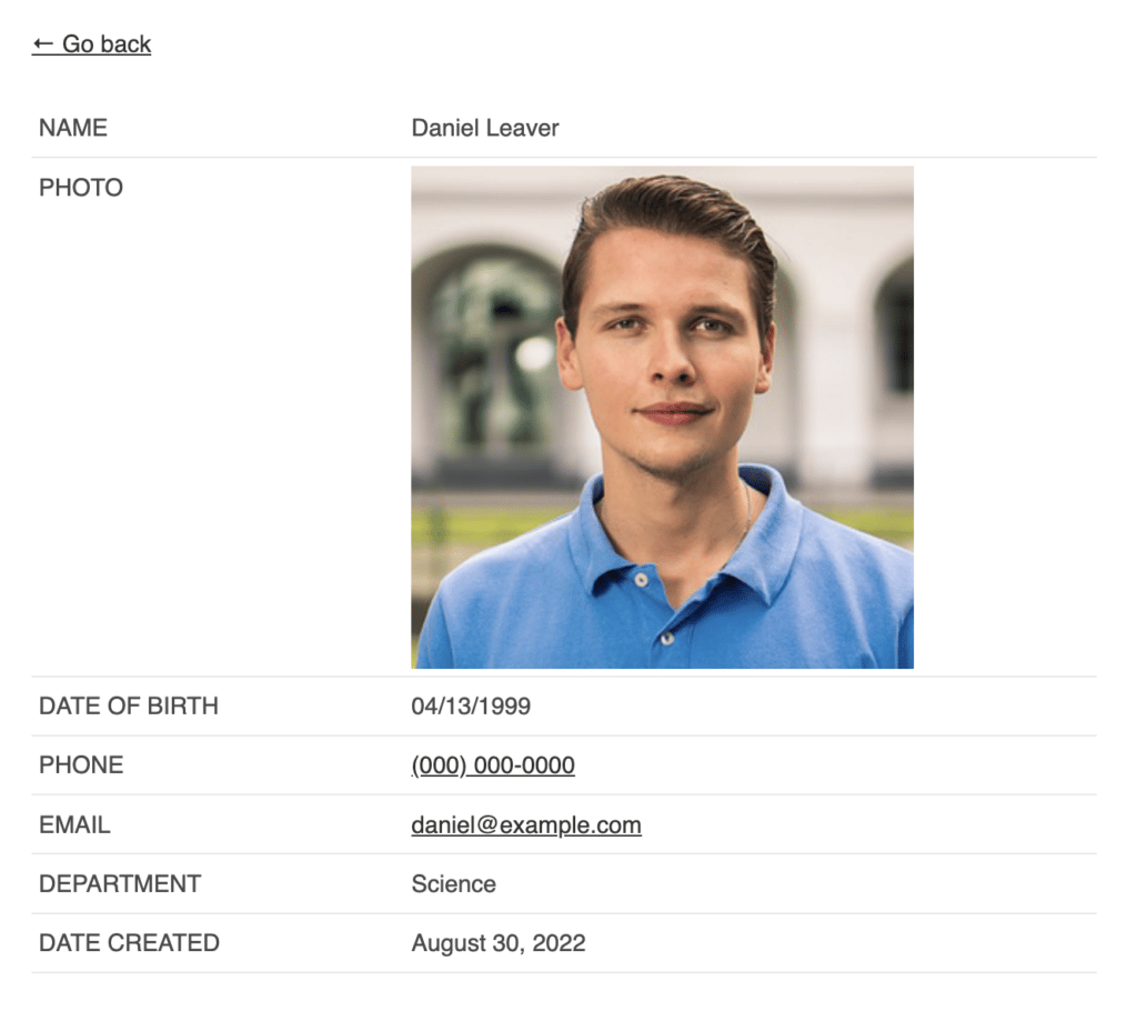 A student profile page showing the name, photo, date of birth, phone number, email address, department and date created