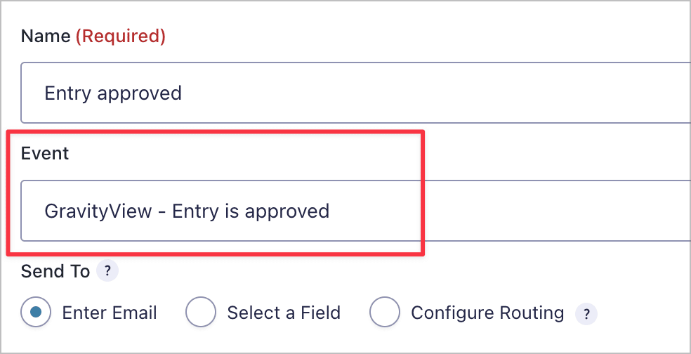 The 'Event' dropdown for Gravity Forms notification emails: 'GravityView - Entry is approved'