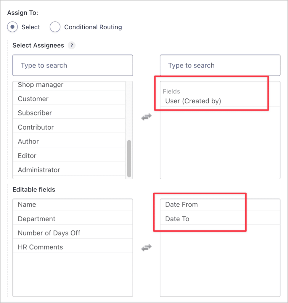 Selecting the assignee and editable fields for a workflow step in Gravity Flow.