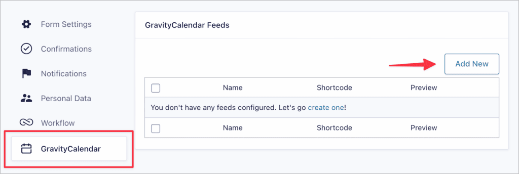 The 'Add New' button on the GravityCalendar feed page