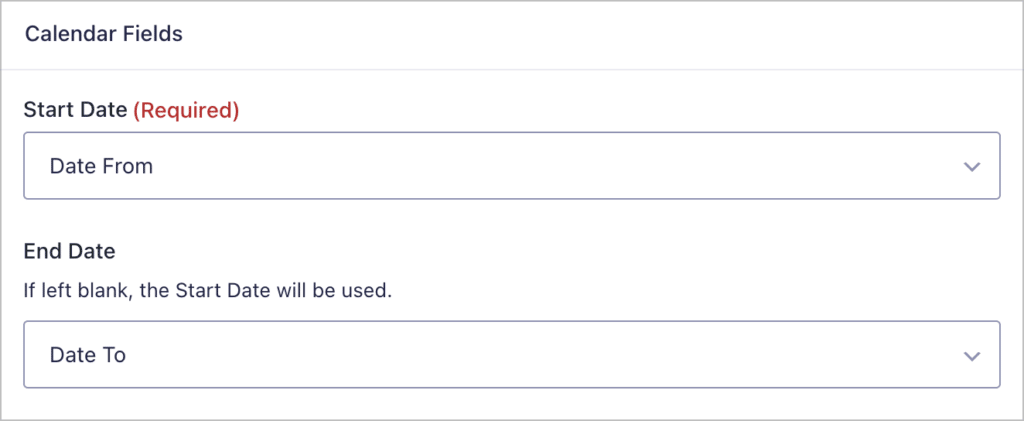 The start date and end date fields in the GravityCalendar feed page