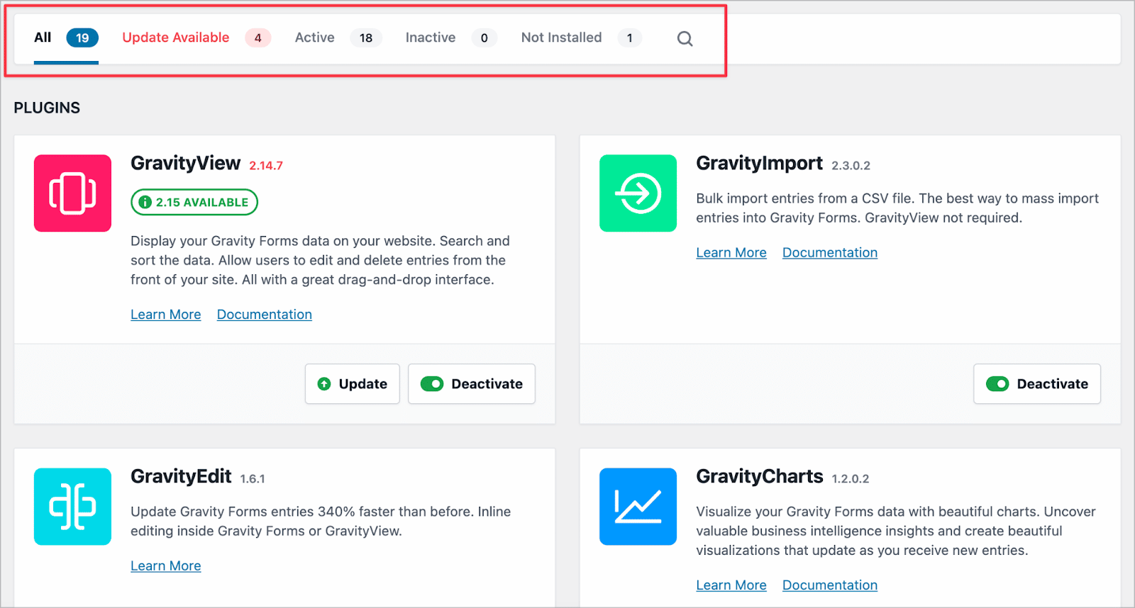 an overview of all GravityKit plugins, extensions and layouts. The top bar provides several links for filtering products based on their current status on your site.