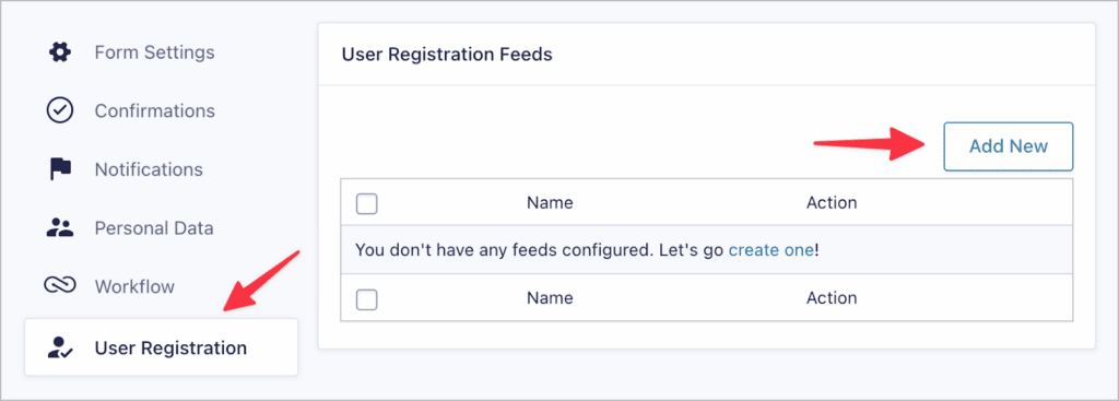 The 'Add New' button on the User Registration feed