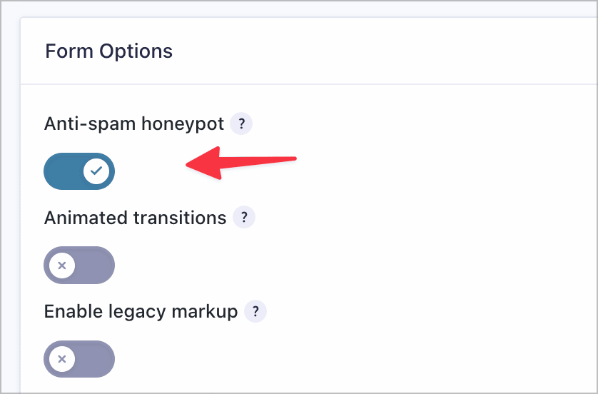 The Gravity Forms "Anti-spam honeypot" featured toggled on