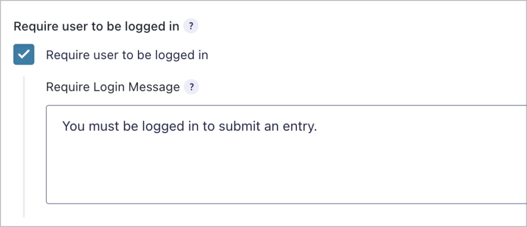 A checkbox in the Gravity Forms form settings labelled "Require user to be logged in"