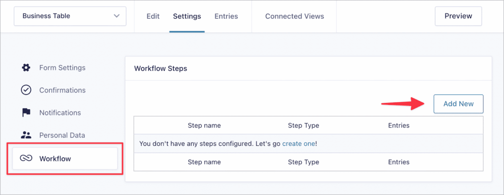 The 'Add New' button on the Workflow feed page in Gravity Forms