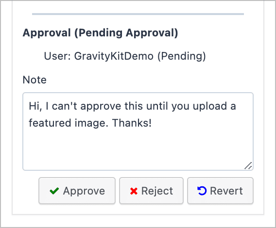 The workflow inbox in Gravity Flow with three options - Approve, Reject and Revert