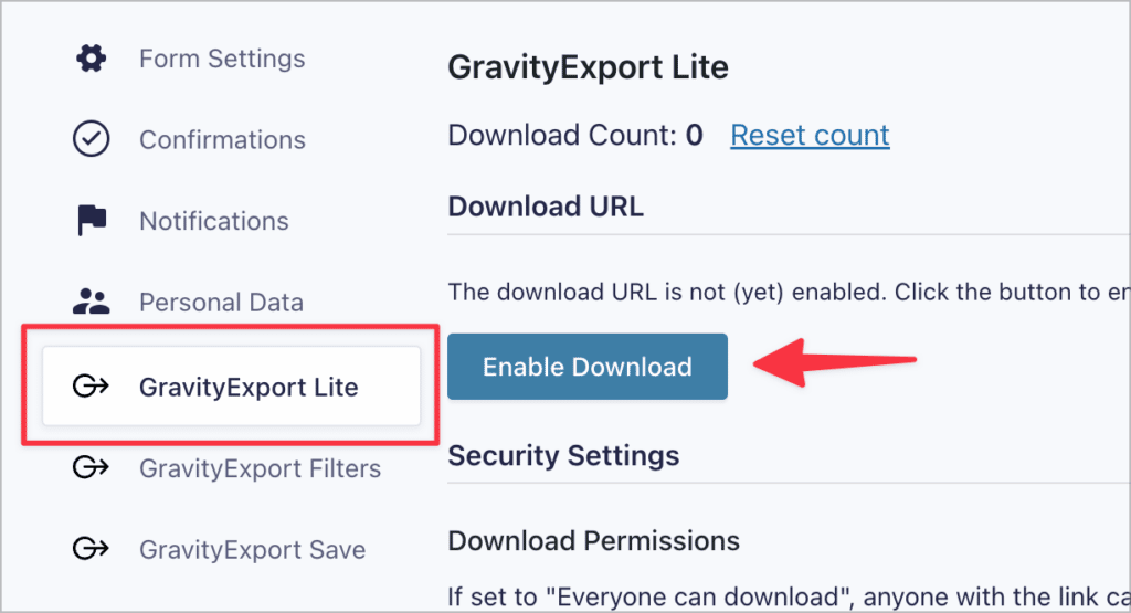 The 'Enable Download' button on the GravityExport Lite feed page