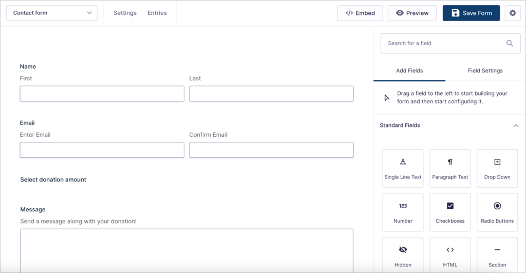 The Gravity Forms visual builder iterface.