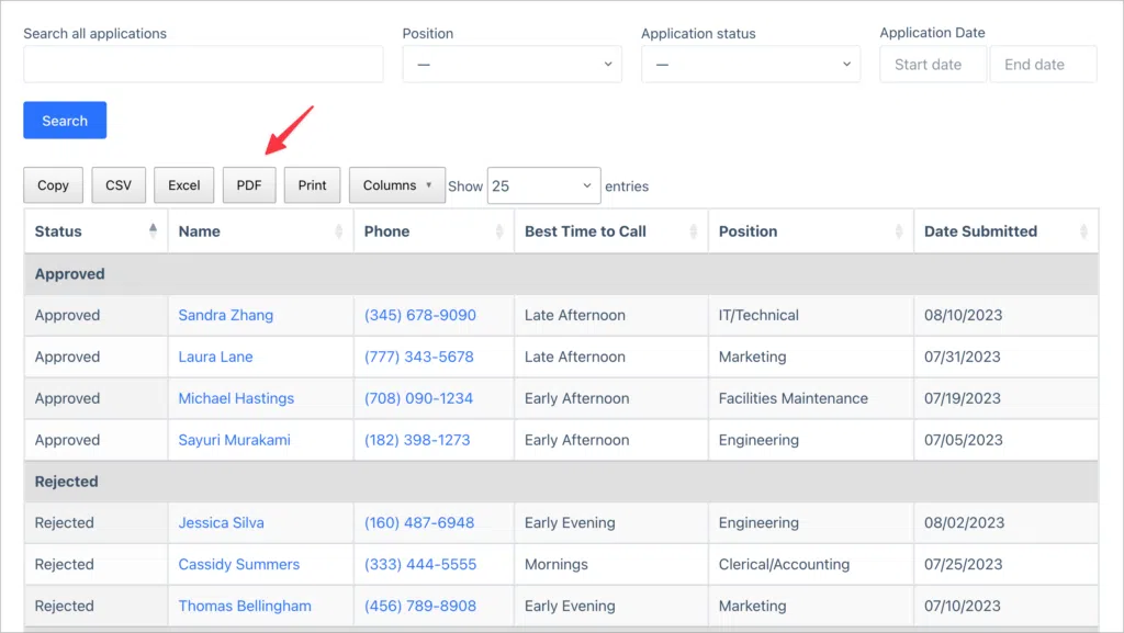 A DataTable showing Gravity Forms entries; there is an arrow pointing to the PDF download button above.