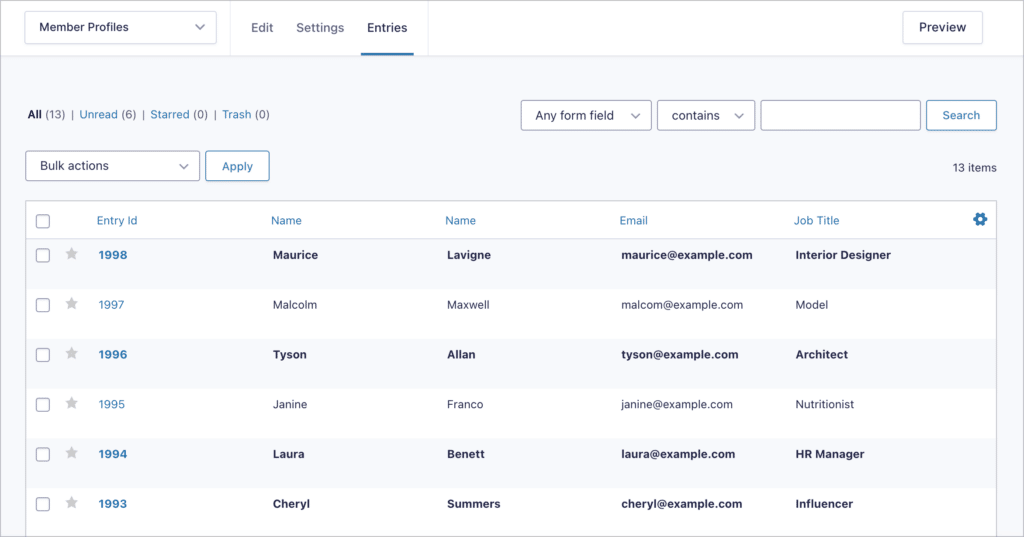 The "Entries" page in Gravity Forms, showing all the submissions for a specific form.