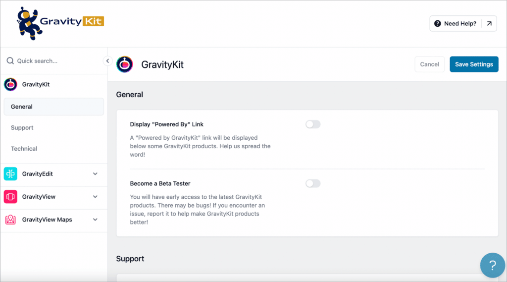 The new GravityKit "Settings" screen, allowing you to manage settings for all GravityKit plugins in one place.