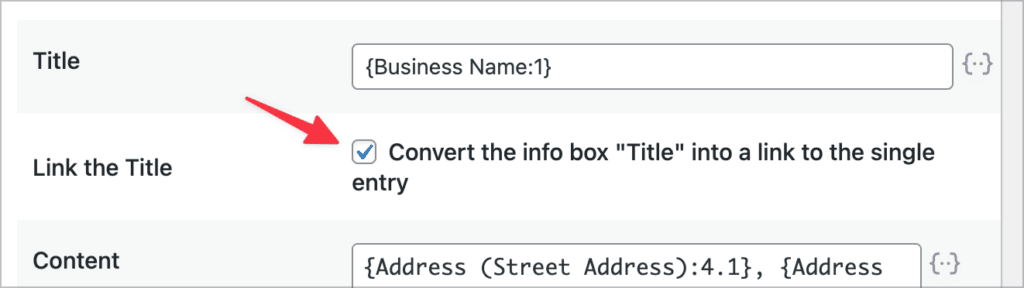 A checkbox in the Maps settings that says 'Convert the info box Title into a link to the single entry'