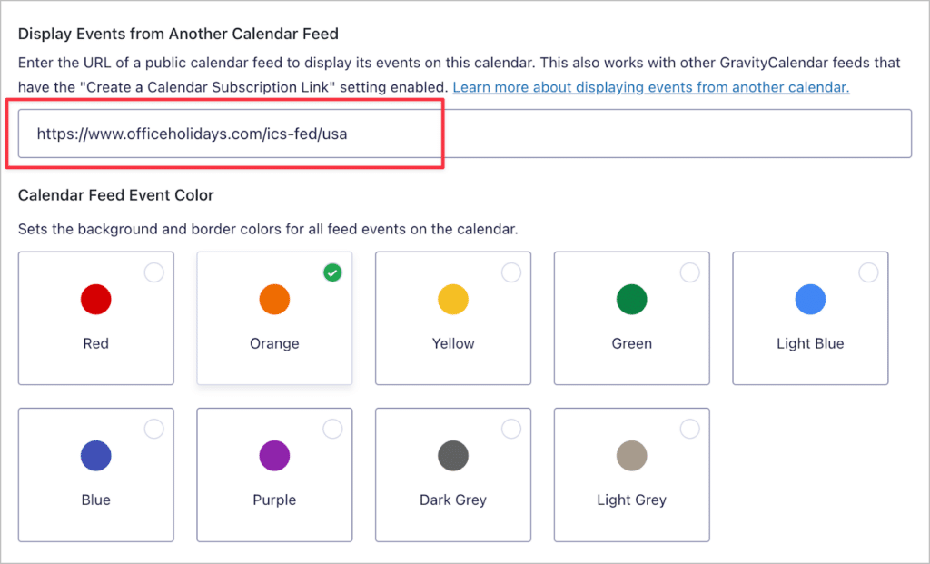 An external public calendar feed URL with an option to select a color for these events