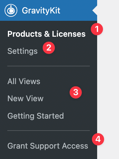 The new, top-level "GravityKit" menu in WordPress.